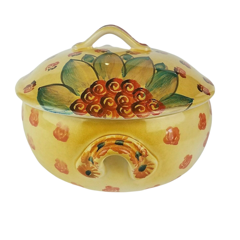 Vintage Italian Hand Painted Yellow Floral Lidded Soup Tureen Tuscan Decor